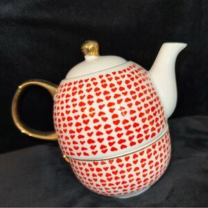 Indigo Ceramic Tea for One tea set with Red Heart and gold handles.